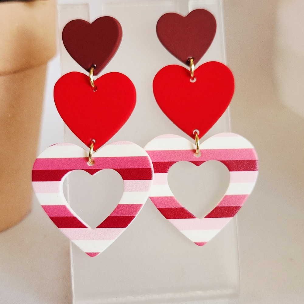 Red Pink Striped Acrylic Tiered Heart Drop Earrings Valentines Day Statement